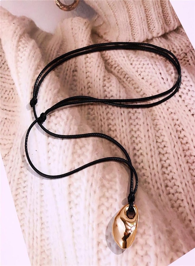 Uarein Dainty Oval Bean Pendant Necklace Simple Adjustable Black Leather Rope Collarbone Necklace Statement Jewelry Accessory Presents for Women Men (Gold) - Image 5